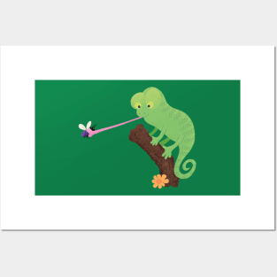 Cute funny green happy chameleon lizard cartoon Posters and Art